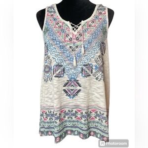 No Boundaries Tribal Print Lace Up Front Tank Top- White, Blue, Pink